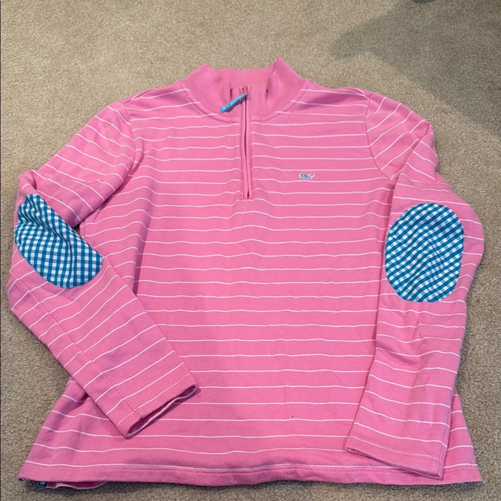 Vineyard Vines Pink and Blue Striped Sweatshirt with Gingham Accents